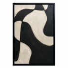 Framed abstract art with black and white design on a white background