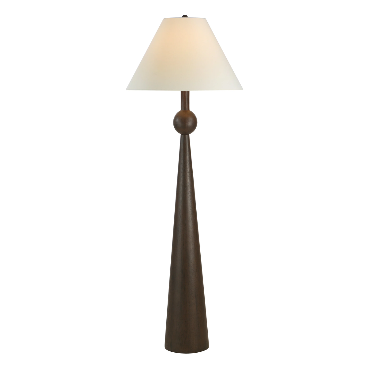 Inez Dark Walnut Floor Lamp illuminated to show the warm glow through its off-white linen shade.