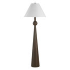 Front view of the Inez floor lamp showing its tapered dark walnut resin body and off-white linen shade.
