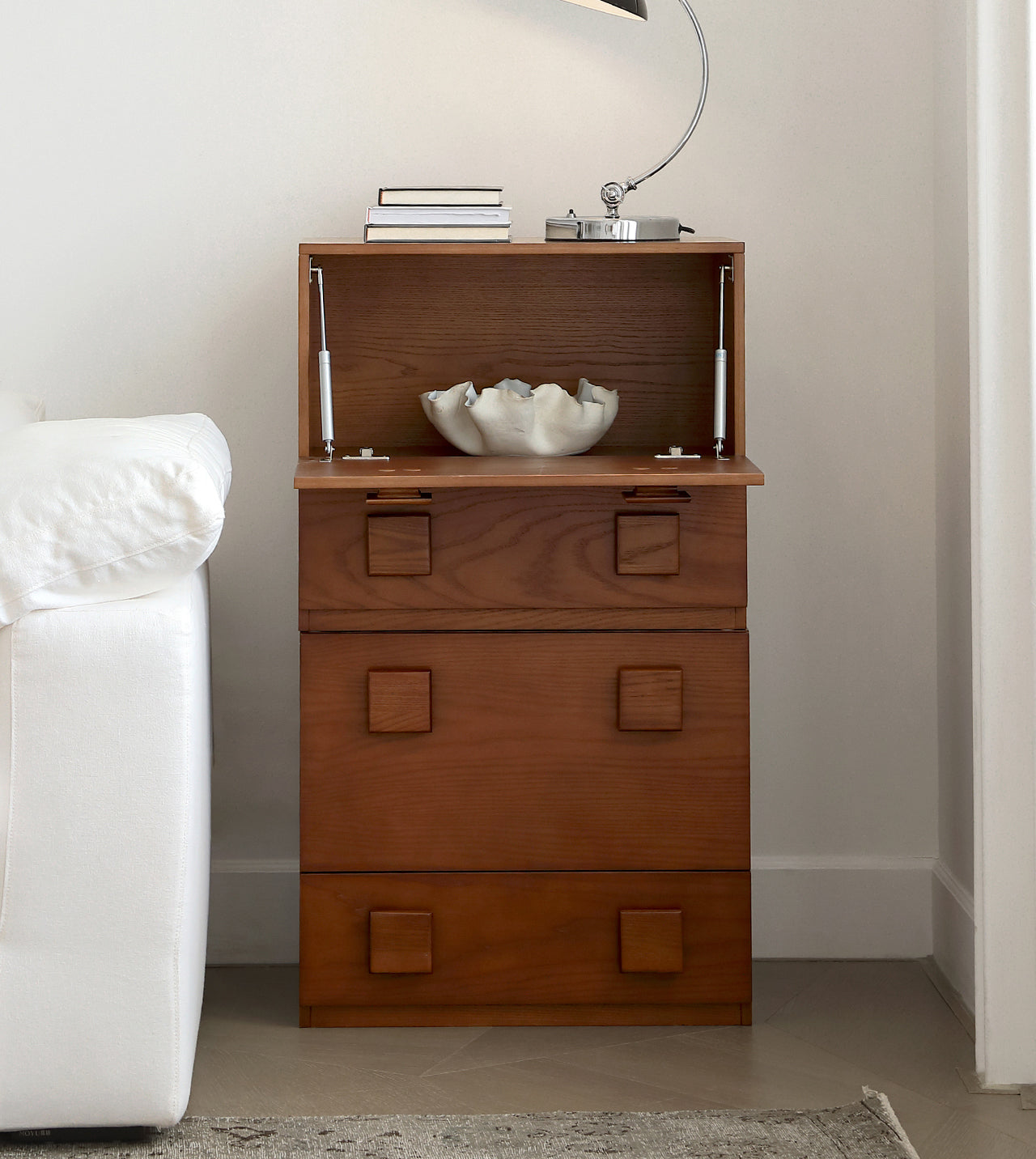 Jasper Modular Sideboard with the upper compartment open to show interior storage