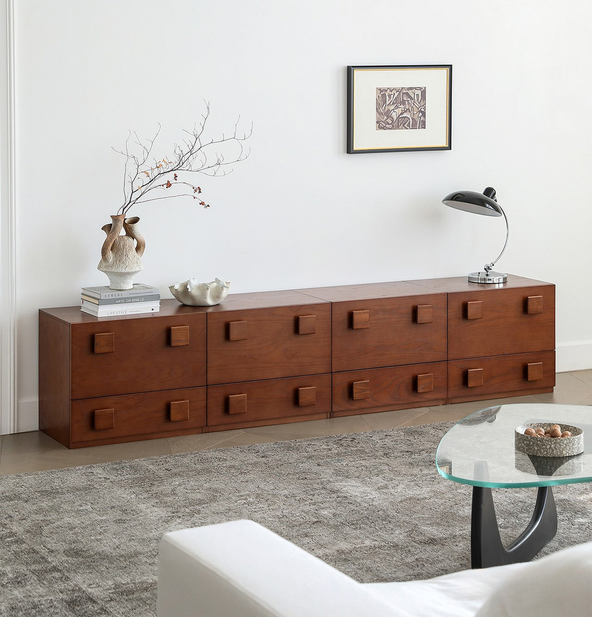 Jasper Modular Sideboard arranged in a long low media-console configuration