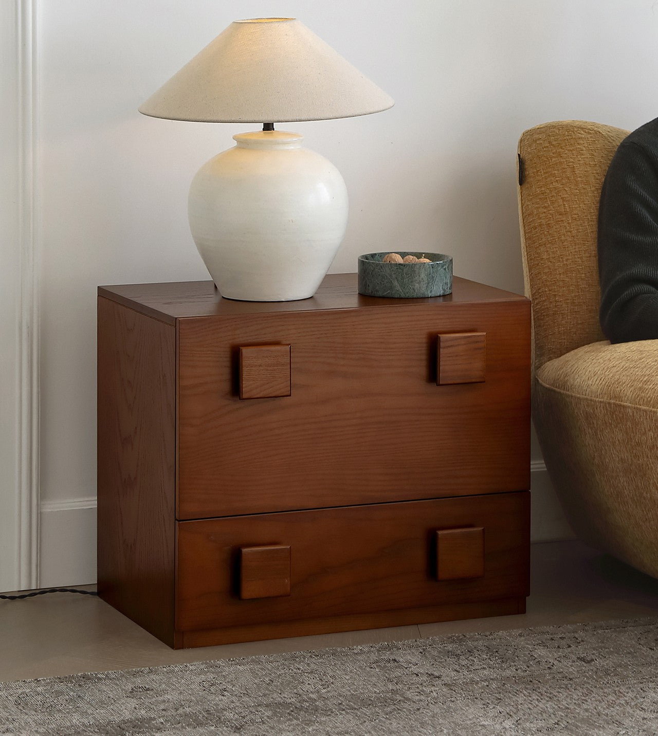Jasper Modular Sideboard with square wood handles styled with a table lamp beside a cozy sofa in a modern living space.