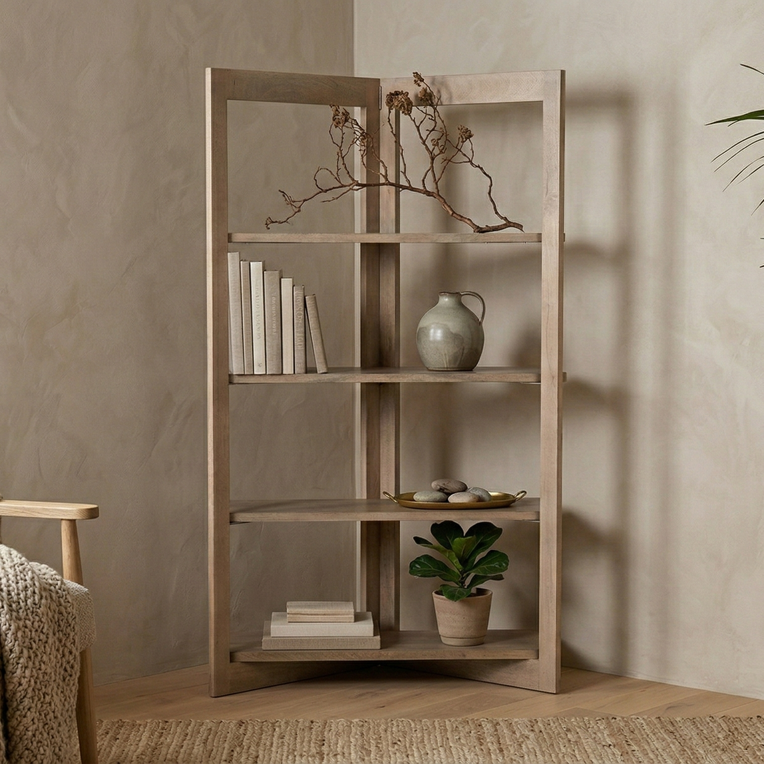 The Kade geometric shelving unit styled in a cozy living room corner with books and decor, next to a textured armchair.