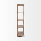 Side profile view of the slim Kade geometric wood shelving unit standing against a white background.