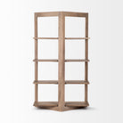 Straight-on view of the empty five-tier Kade geometric shelving unit showcasing its angled, open wooden design.