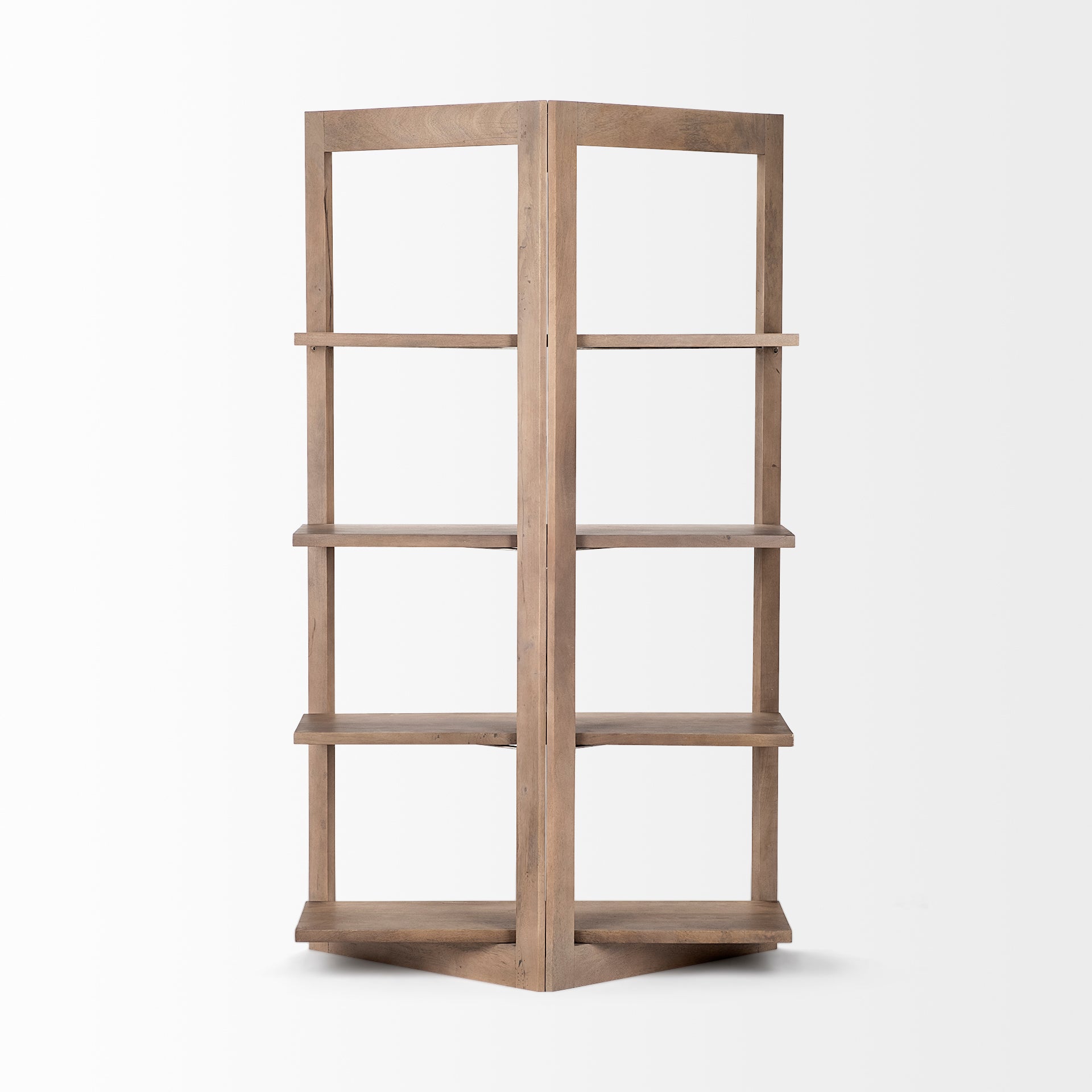 Straight-on view of the empty five-tier Kade geometric shelving unit showcasing its angled, open wooden design.