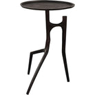 Modern side table with a round top and unique leg design on a white background