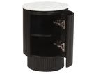 Black Kaia side table with marble top showcasing the hidden storage on a white background