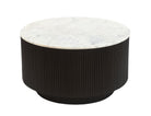 Kaia round coffee table with marble top and black fluted base on a white background