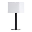 Side profile of a single Kyler table lamp showcasing the slim black metal stem and the depth of the white linen shade.