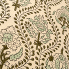 Close-up of a floral pattern with green and brown colors on a beige background