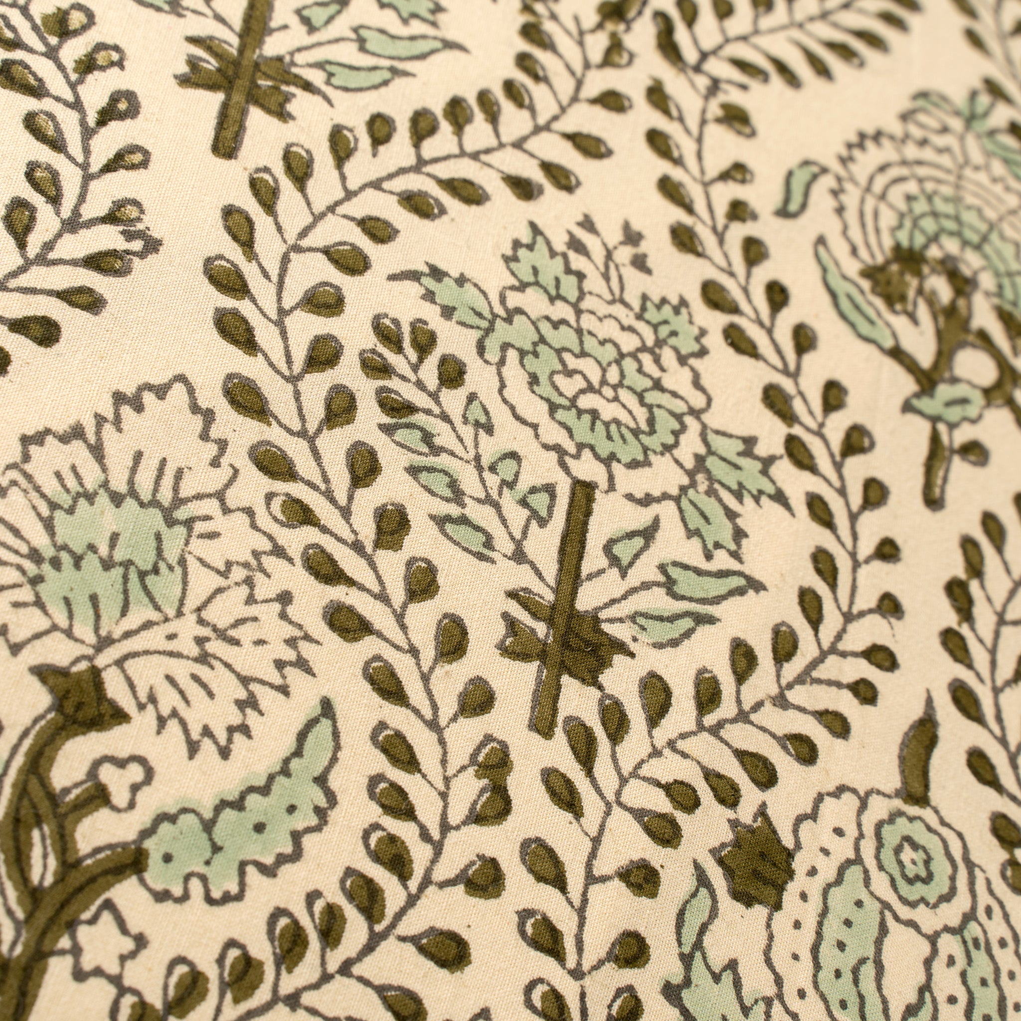 Close-up of a floral pattern with green and brown colors on a beige background