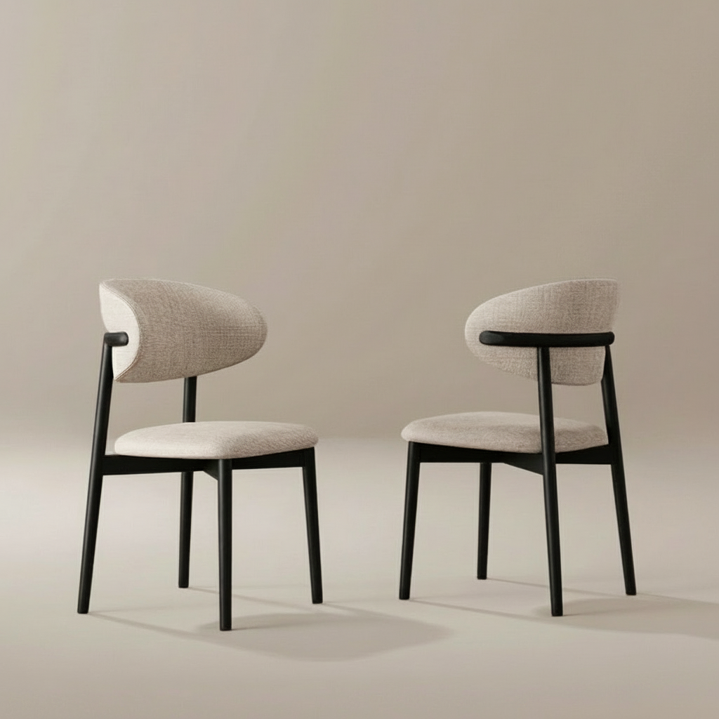Pair of black Linen Ash Wood Dining Side Chairs in a studio setting