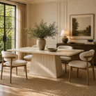 Ardella sintered stone dining table styled in a modern dining room featuring the Linen Ash Wood Dining Side Chair