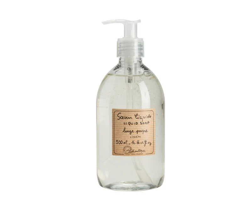 Liquid soap with clear bottle and label on a white background