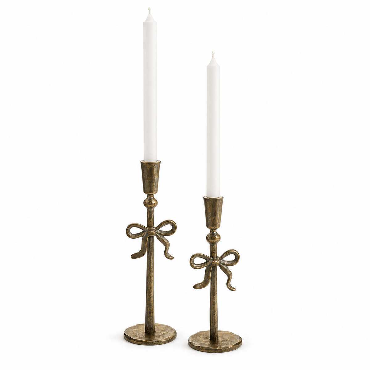 Lisette antique brass bow candle holders in small and large sizes
