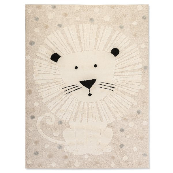Full view of Little Roar Kids Rug featuring a friendly ivory lion with a textured mane and soft neutral dots.