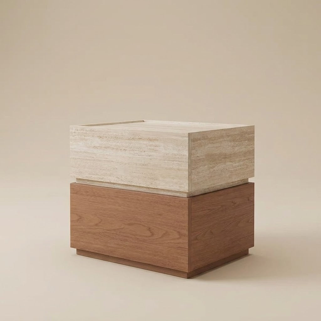 A modern two-tone side table featuring a warm brown wood-grain base and a light beige travertine stone top, set against a solid beige background.