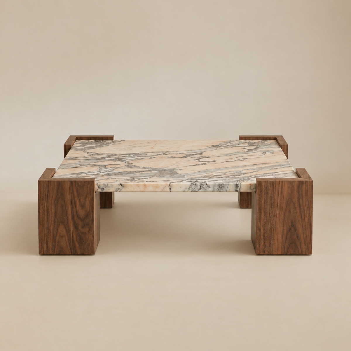 Front view with a veined Purple Breccia marble top and four walnut block legs.
