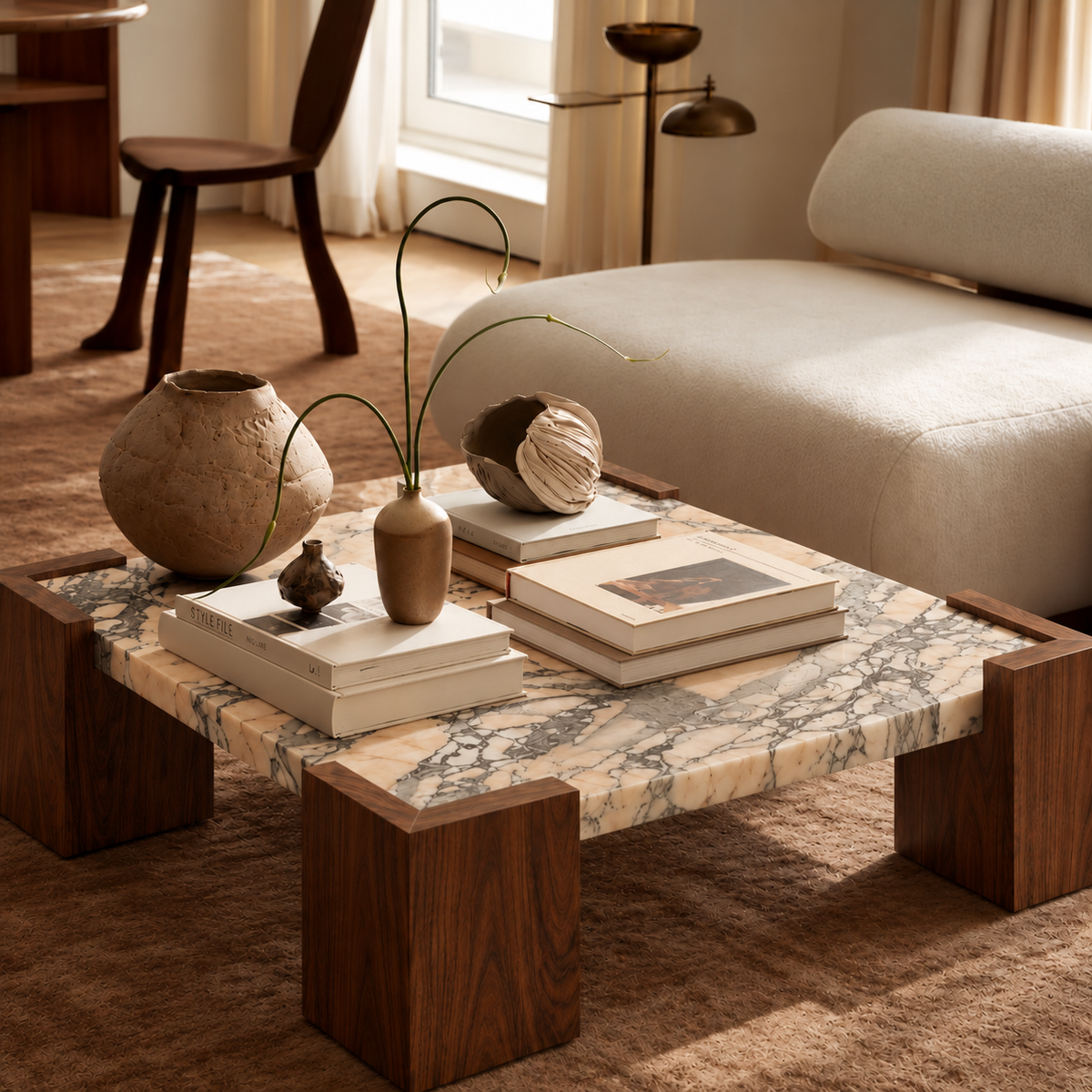 Styled with books and ceramic vases beside a cream sofa in a warm living room.