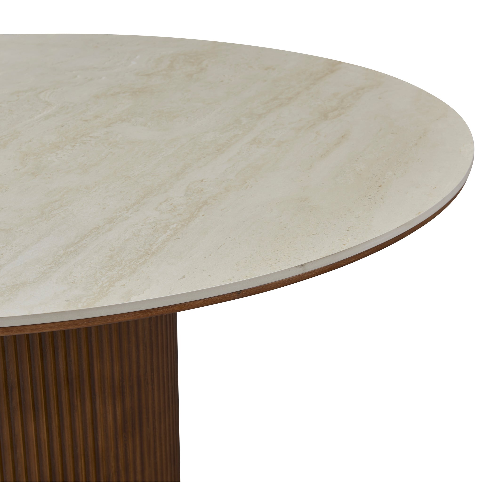 Close-up detail of the Lucia Dining Table with round white travertine sintered stone top and fluted cylindrical wood base