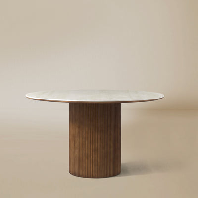 Lucia round dining table with white sintered stone top and fluted wood base