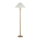 Front view of the Lucienne floor lamp showing its dark antique brushed brass frame, twin pull chains, and off-white linen shade.