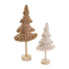 Large taupe and small ivory Lumi plush Christmas trees on natural wood bases