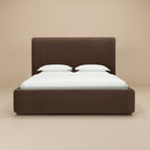 Lunelle Velvet Queen size bed with a tall upholstered headboard and matching footboard in Coffee velvet fabric.