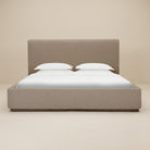 Lunelle Velvet King size bed with a tall upholstered headboard and matching footboard in Tan velvet fabric.