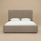 Lunelle Velvet Queen size bed with a tall upholstered headboard and matching footboard in Tan velvet fabric.