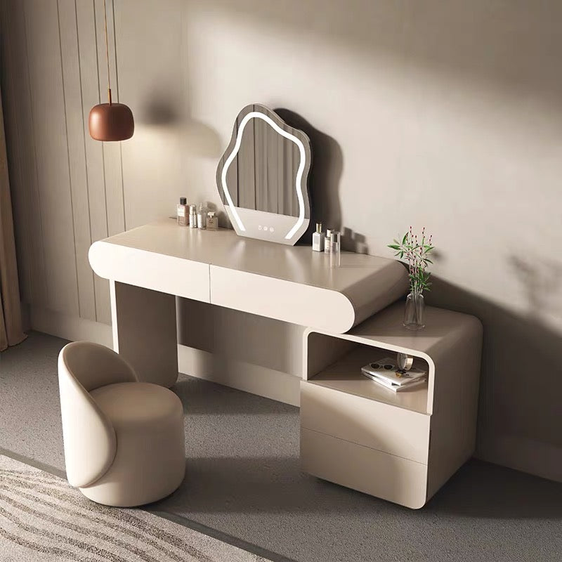 Luxury vanity set styled with dimmable mirror, cabinet and curved stool