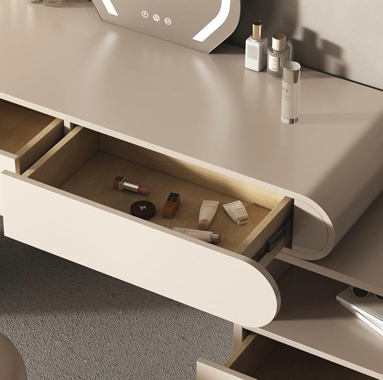 Open vanity drawer showing divided makeup storage