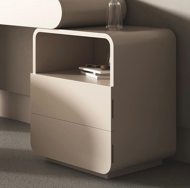 Rounded vanity storage cabinet with open shelf and drawers