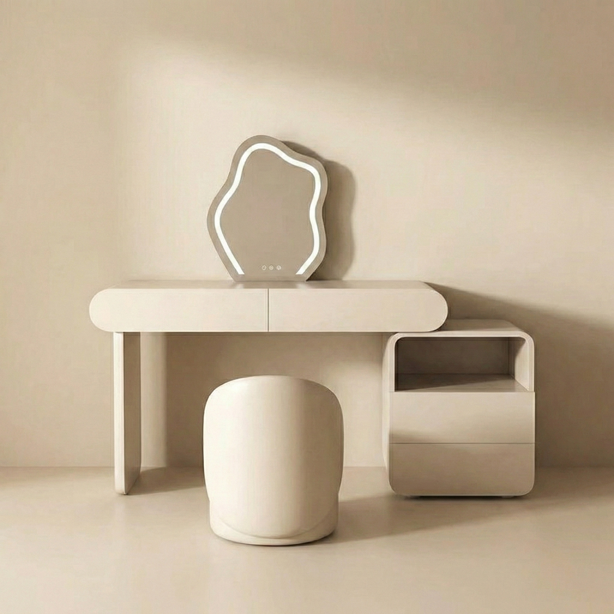 Beige vanity table with mirror and stool against a beige wall