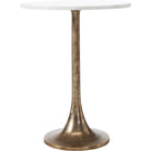 Small round table with a white marble top and bronze metal base on a white background