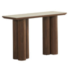 Angle view of the Lyric Console table with wooden legs and a travertine sintered stone top on a white background