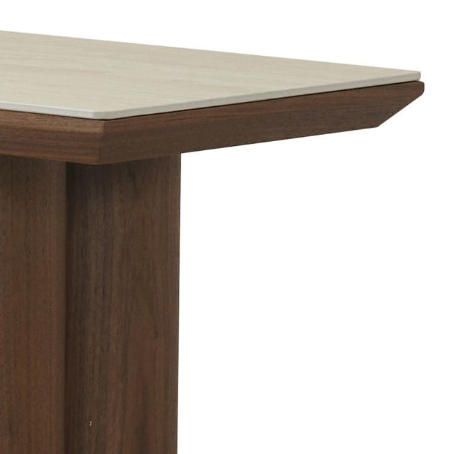 Close-up details of the sintered stone travertine table top of the Lyric Console Table