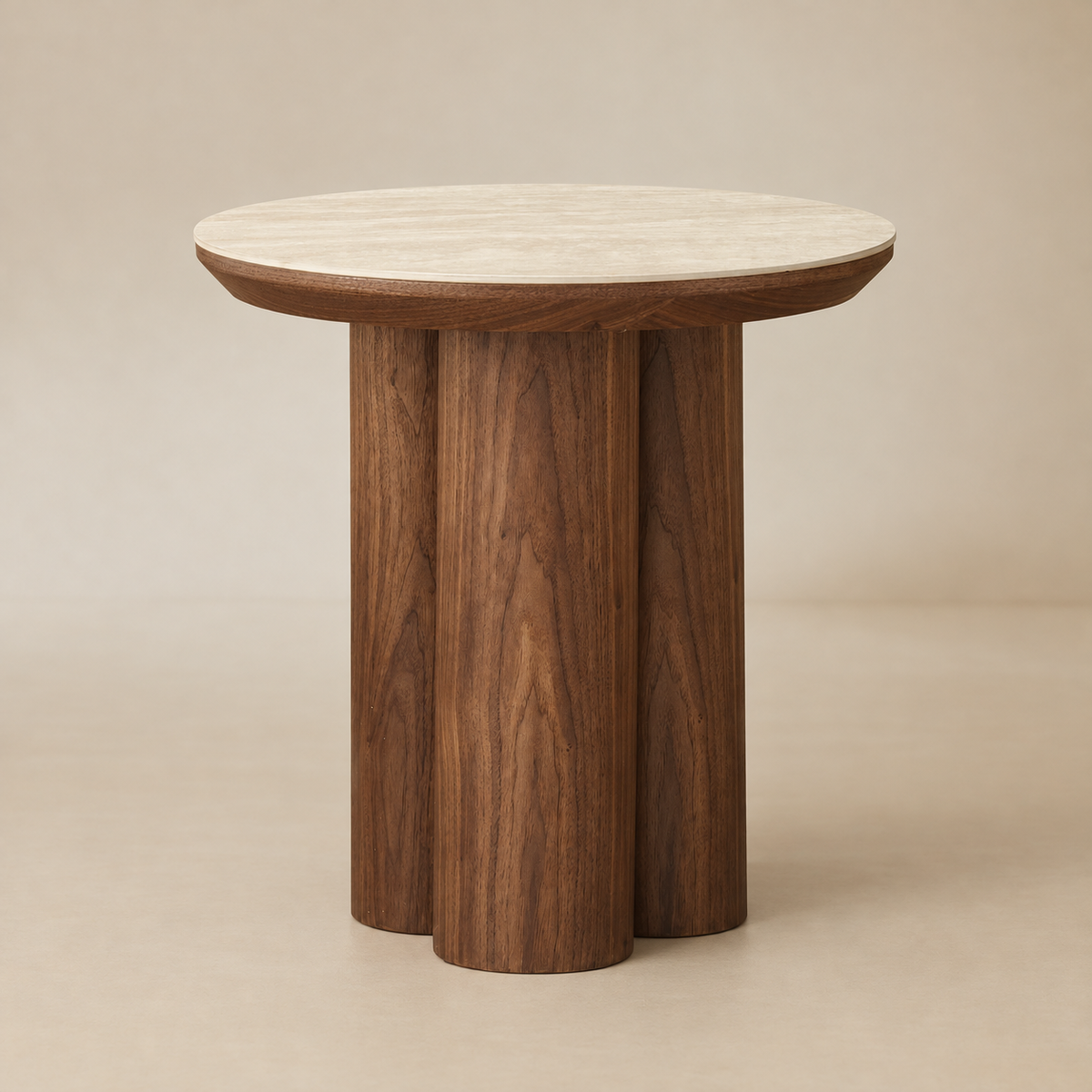 Lyric Accent Table – wooden side table with sintered stone top on a beige background