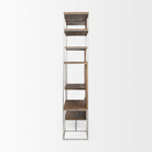 Side profile view of the Maddox wood and metal shelving unit showing its slim depth and clean lines.