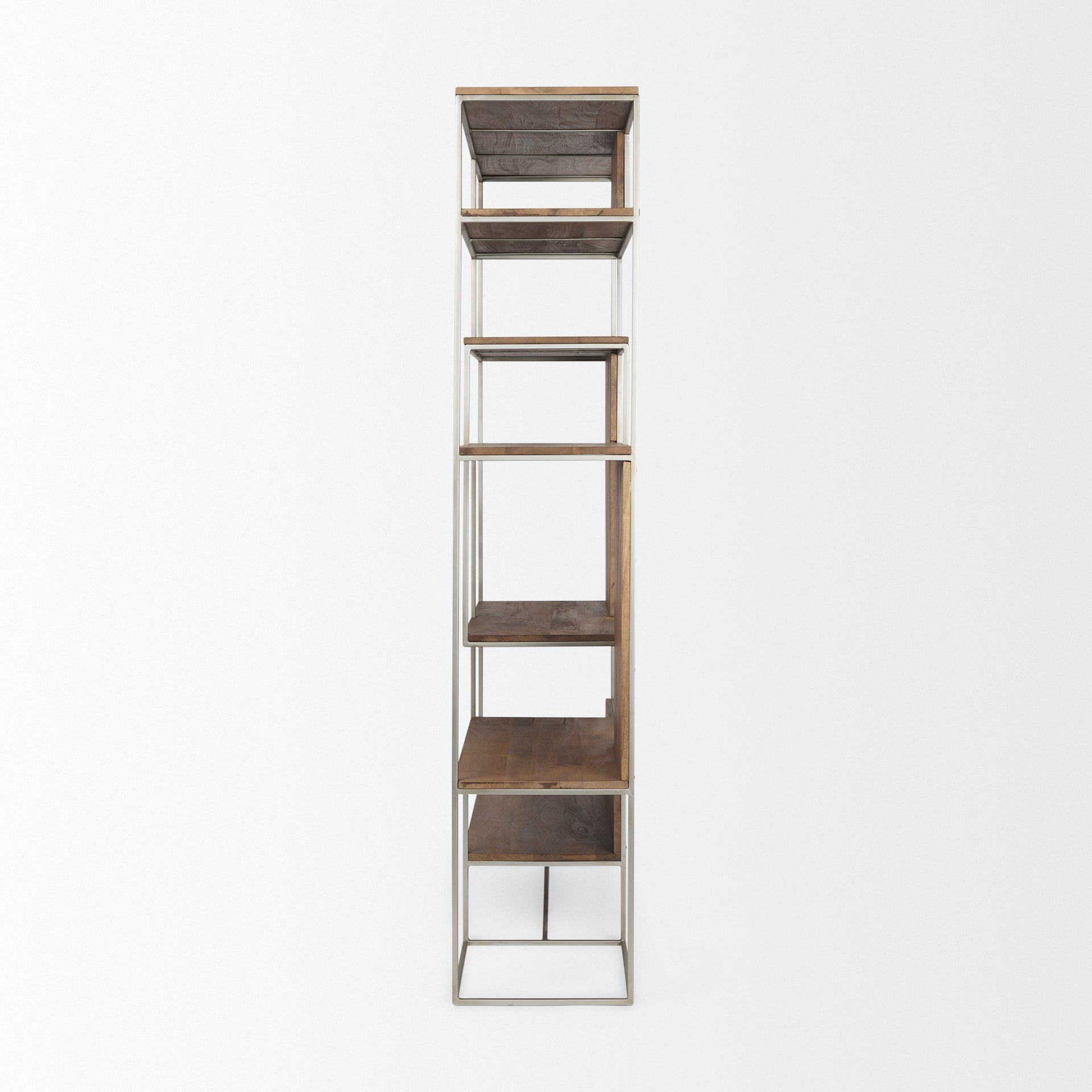 Side profile view of the Maddox wood and metal shelving unit showing its slim depth and clean lines.