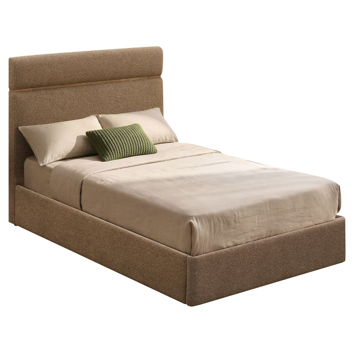 Maelle Upholstered Storage Bed in brown with a tall padded headboard, beige bedding, and a green accent pillow on a white background.