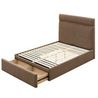 Maelle Double Upholstered Storage Bed without a mattress, showing the wooden slat platform and open two-compartment footboard drawer.