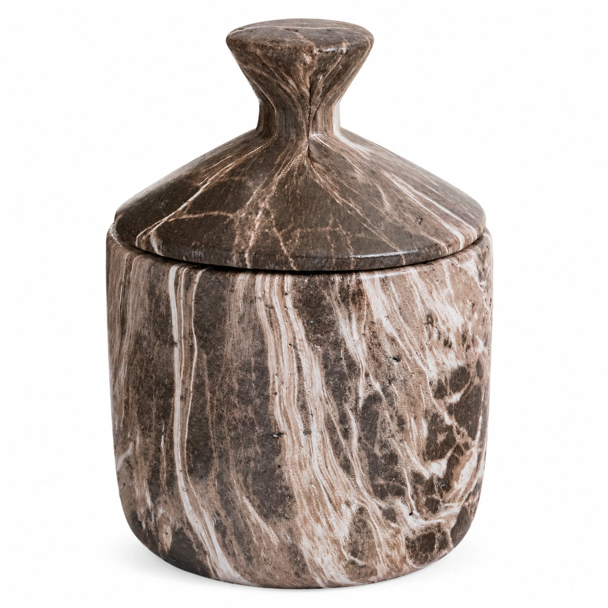 Marais brown marble-look cement canister with a fitted lid on a white background.