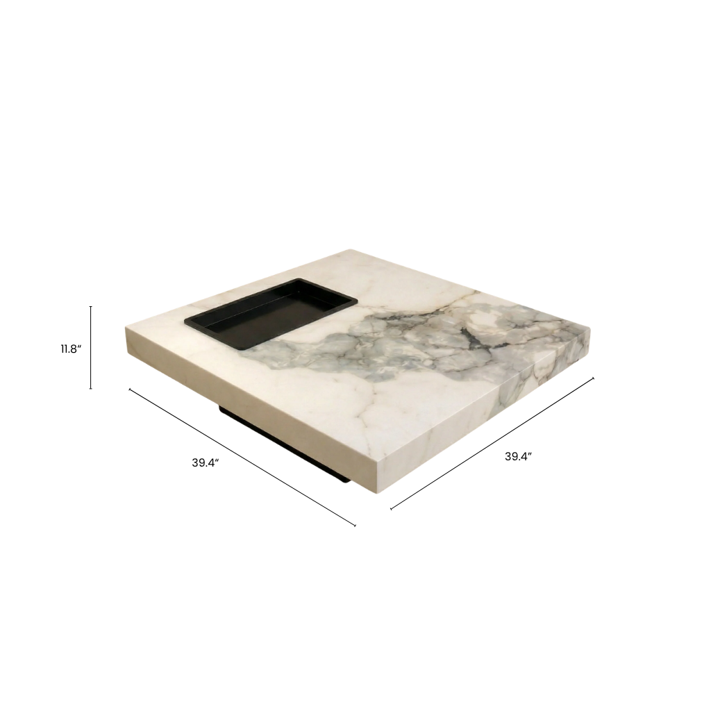 Marble-patterned square table with dimensions on a white background