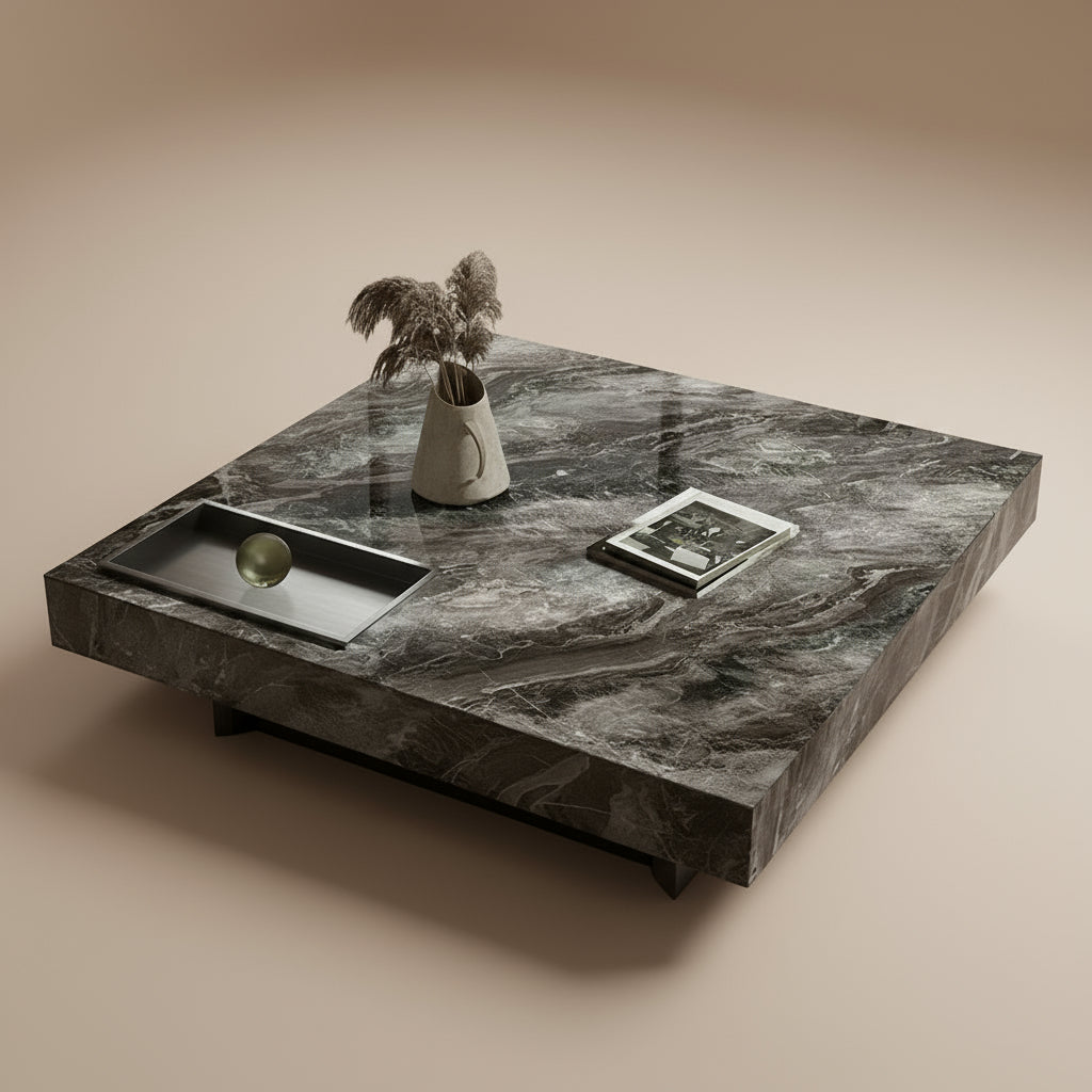 Marble-patterned coffee table with decorative items on a beige background