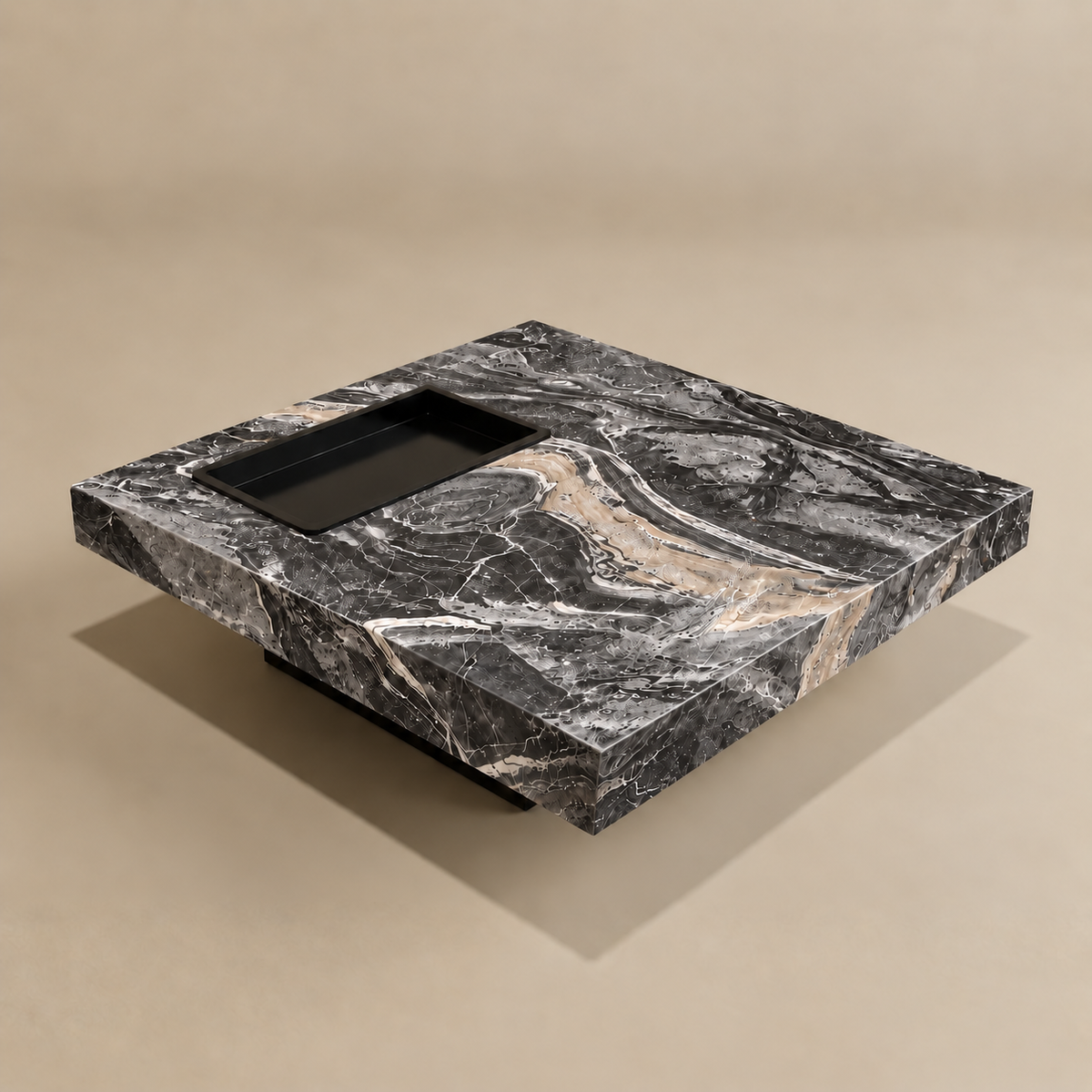 Marble-patterned coffee table with decorative items on a beige background