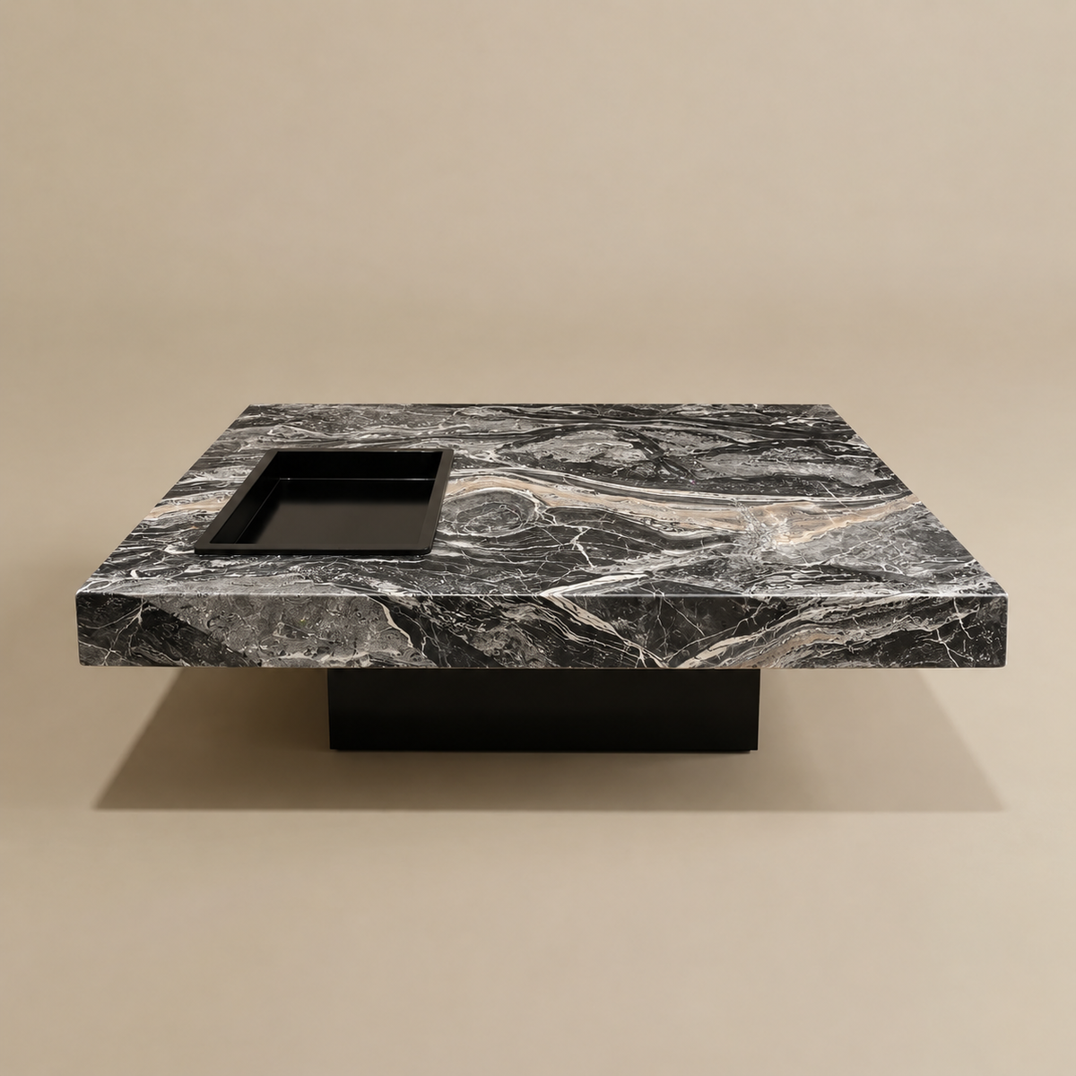 Marble-patterned coffee table with a square hole on a beige background