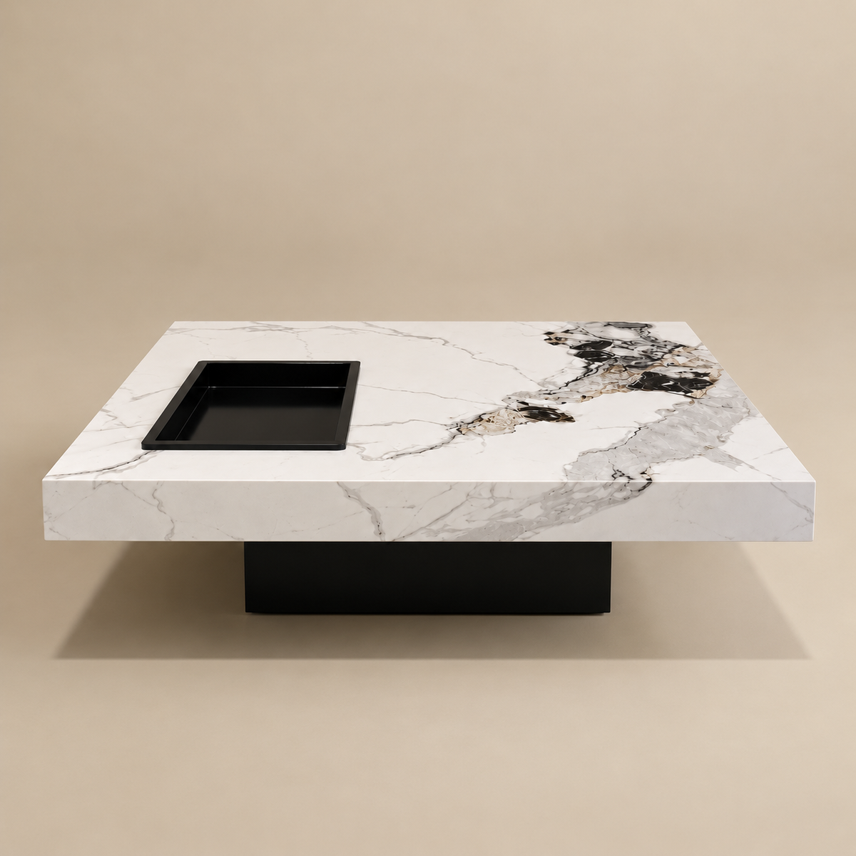 Marble pattern coffee table with a black square insert on a beige background