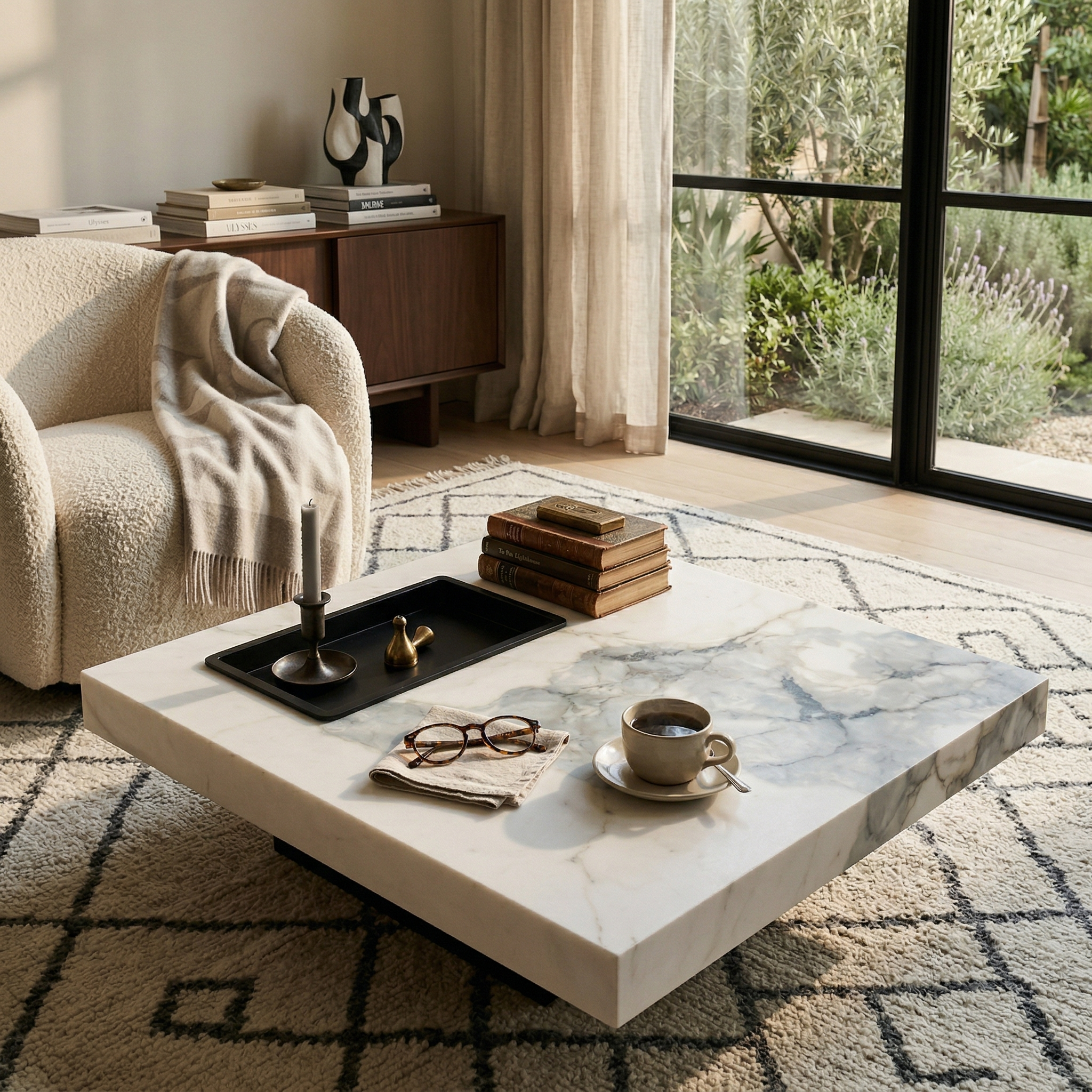 Modern living room with a marble coffee table, armchair, and large window.